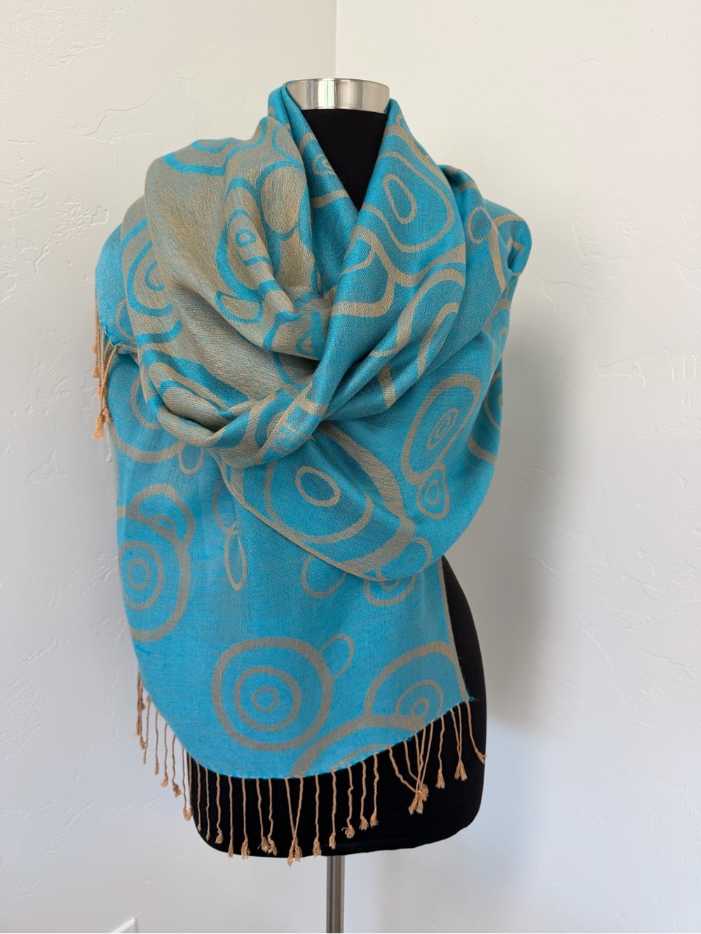 Arabic Turquoise and Beige Circular Pattern Super Soft Shawl Scarf 180x70